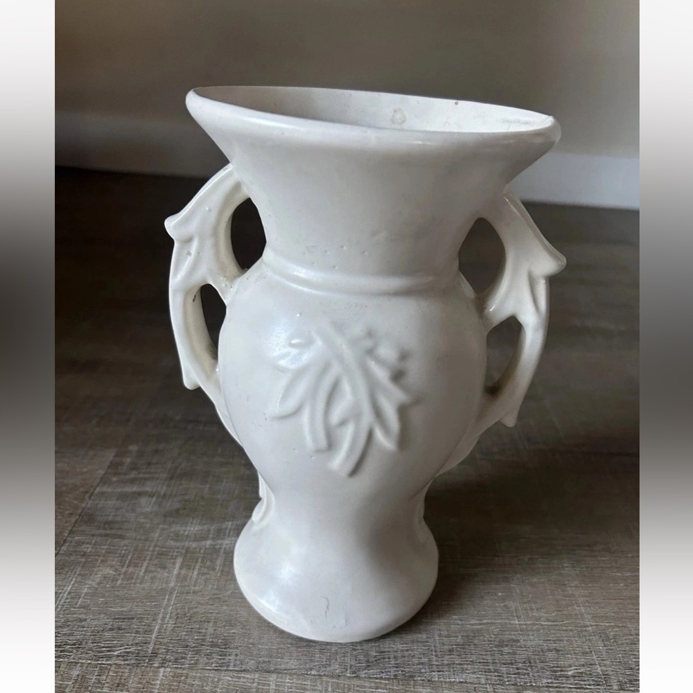 Vintage Art Pottery Vase White Double Handle Leaf Relief Mid Century Modern 9”